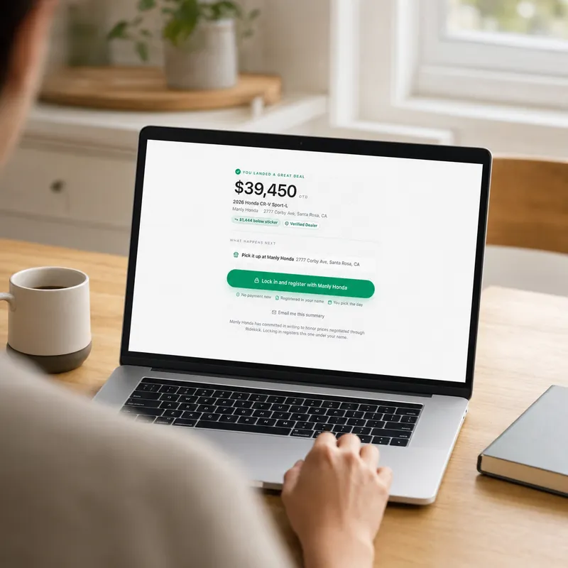 Someone at a kitchen table reading the dealer's out-the-door price on a laptop