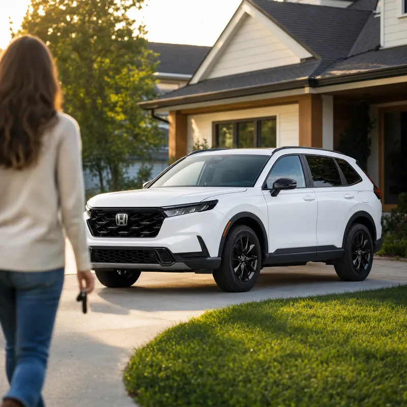 A buyer walking to their new car on the driveway, keys in hand