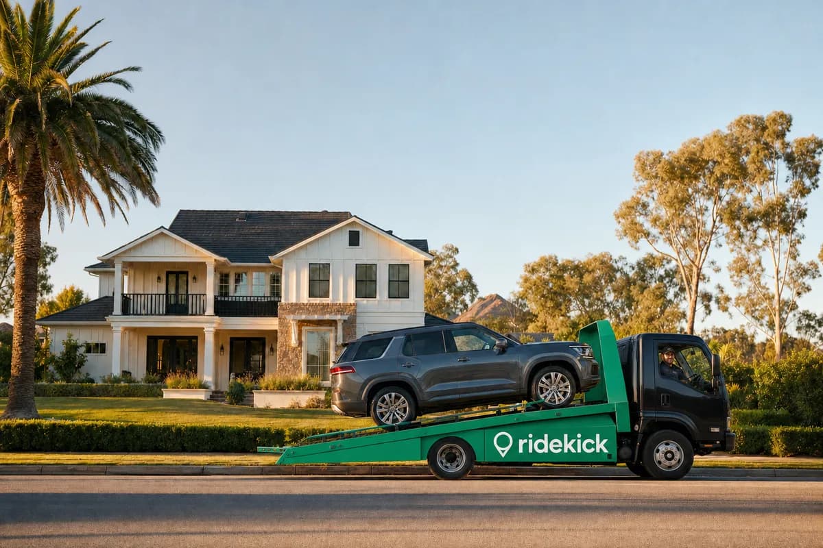A Ridekick flatbed truck delivering a car to a home