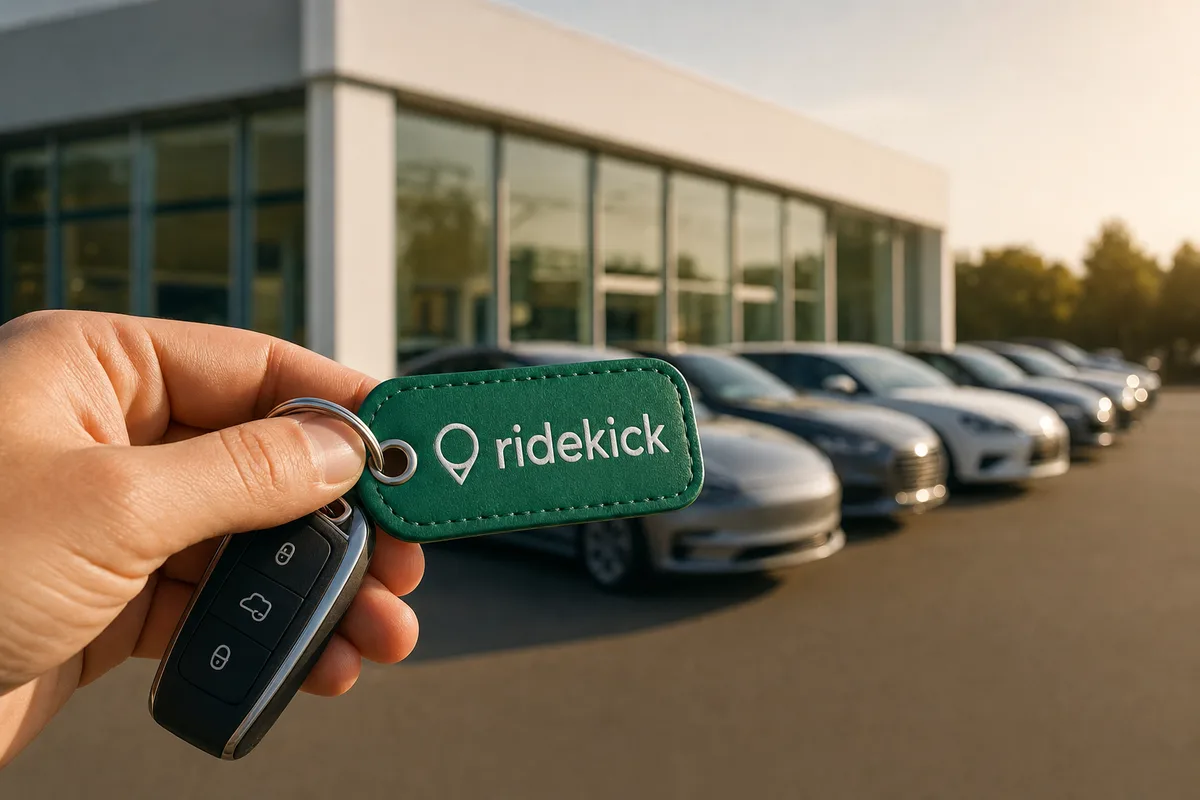 A set of car keys on a Ridekick tag, held up outside a dealership